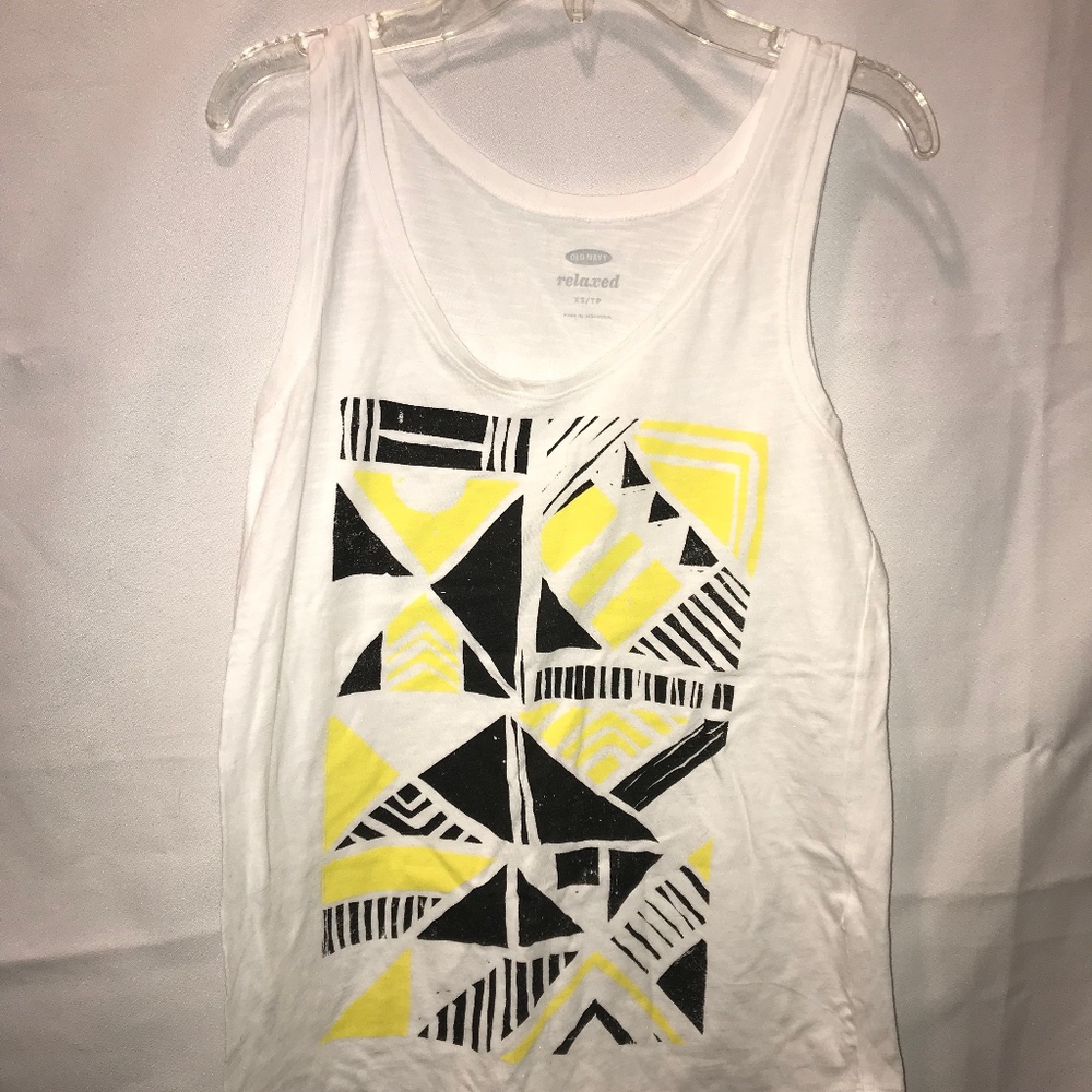 White tank top with yellow & black abstract design